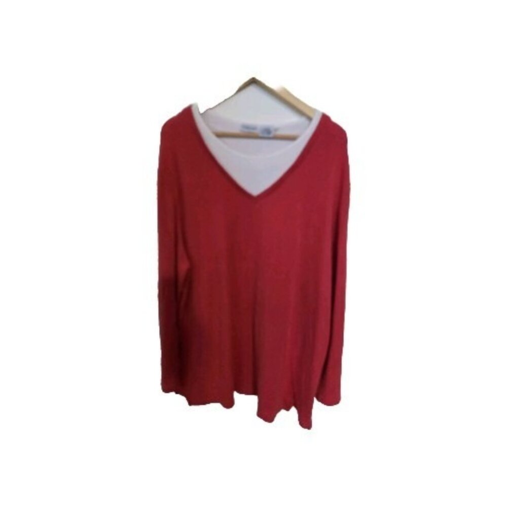 Cabin Creek Womens White Duet Red Sweatshirt 1X Long Sleeves V-Neck